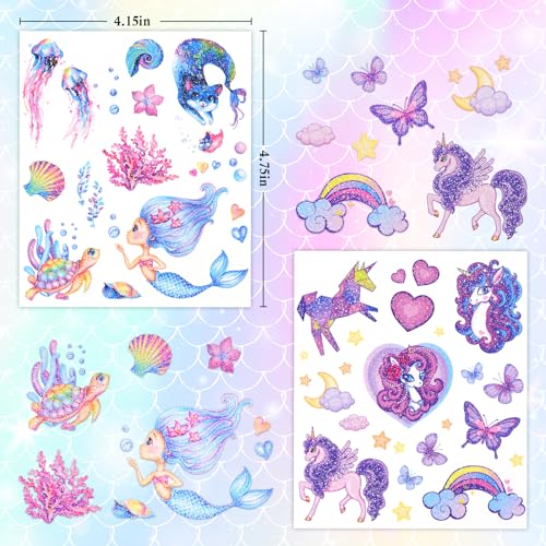 Kids Mermaid Glitter Temporary Tattoo Stickers - Waterproof 12 Sheets for Girls, Party Favors