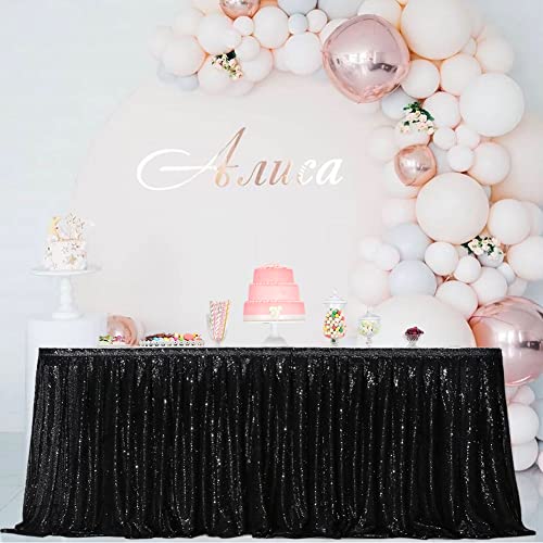 14ft Sequin Table Skirt Black - Rectangular 30x14 Inch Party Decor