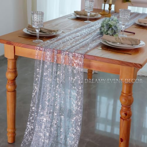 Ice Blue Silver Gauze Table Runner 10ft 10PCS Glitter Sheer Tulle for Weddings