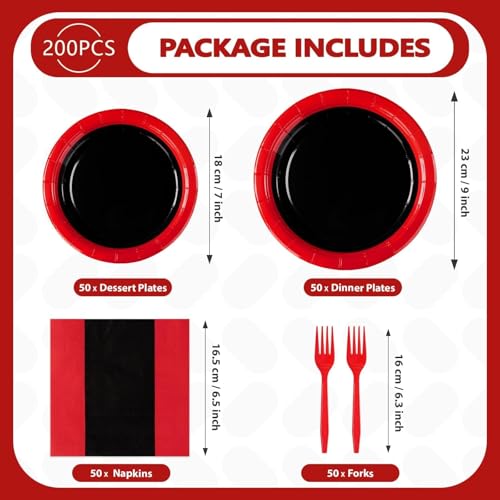 Black and Red Birthday Party Supplies Set for 50 Guests - Includes Plates, Napkins & Cutlery - Variation: 200pcs Black and Red Plates