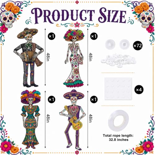 Day of the Dead Paper Skeletons - Posable 48-Inch Halloween & Fiesta Decorations - Set of 4