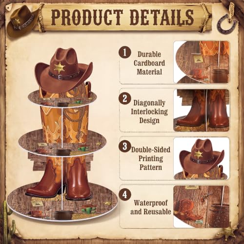 Cowboy Cupcake Stand with 24 Western Cake Toppers - Rustic 3 Tier Party Decor