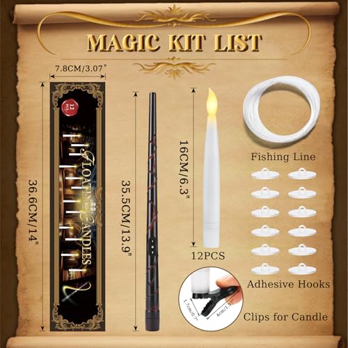 Floating LED Candles with Wand & Clips - Flameless Magic Hanging Decor, 12 Pack