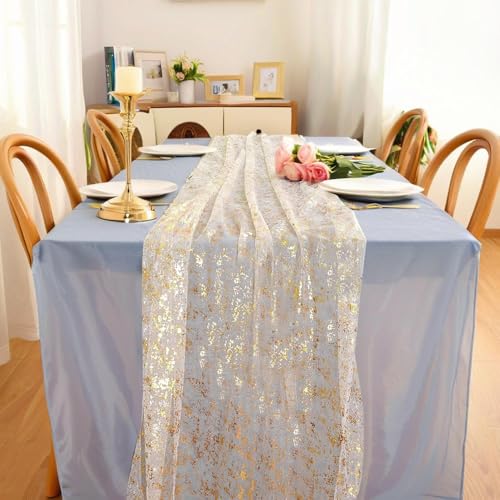 Gold Glitter Chiffon Table Runner 10Ft Sequin Gauze Party Decoration - Gold