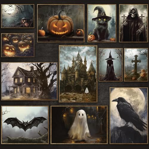 Gothic Halloween Wall Art Set - 12 Retro Spooky Posters for Home Decor