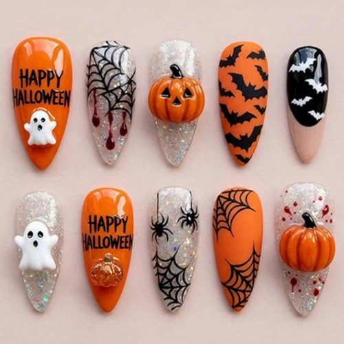 Medium Almond 3D Pumpkin Ghost Spider Halloween Press-On Nails - Color42