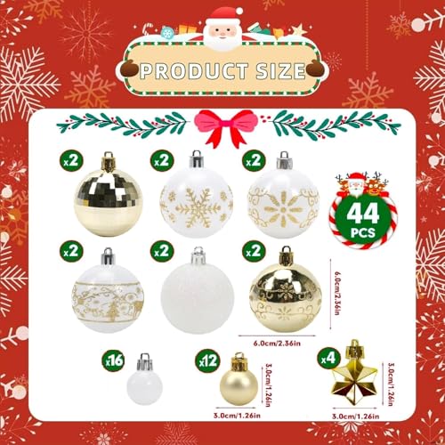Christmas Ball Ornaments Set - Gold & White 44 pcs Holiday Tree & Wreath Decorations