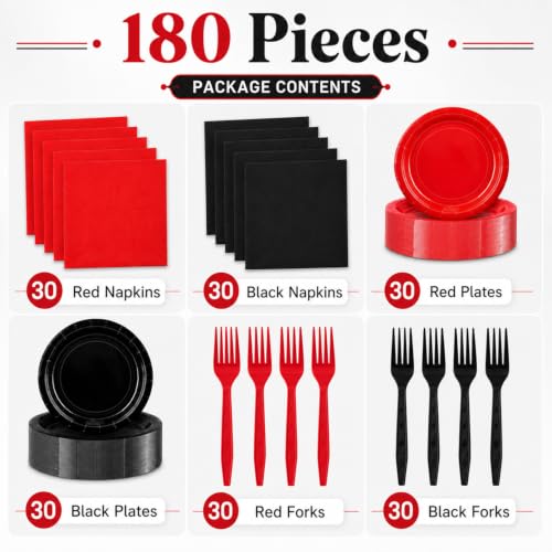 Red and Black Disposable Paper Dessert Plate & Napkin Set for Parties