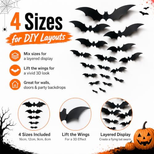 Halloween 3D Bat Decorations Set - 144 Black Indoor Wall & Window Stickers