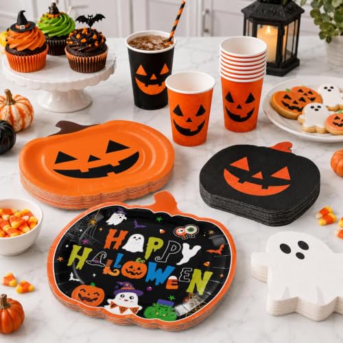 Halloween Party Supplies Set - Pumpkin Plates Cups Napkins for Costumes & Celebrations