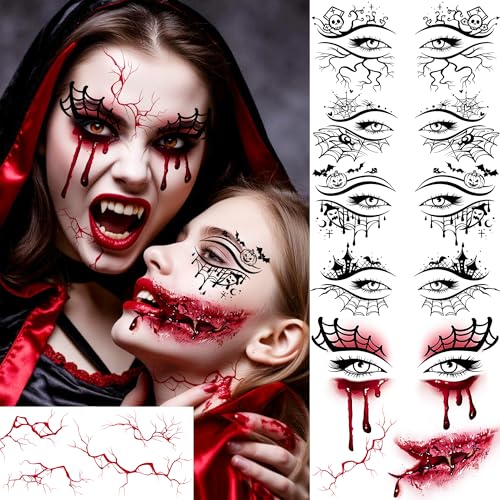 Blood Eye Fake Tattoo Sheets Halloween Temporary Makeup Kit - Realistic Face Scar & Wound Design