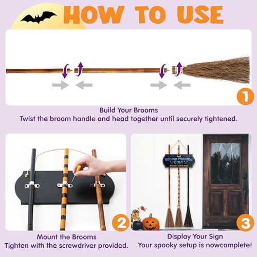 Halloween Broom Parking Sign with Wooden Witch Brooms - Outdoor Porch Decor