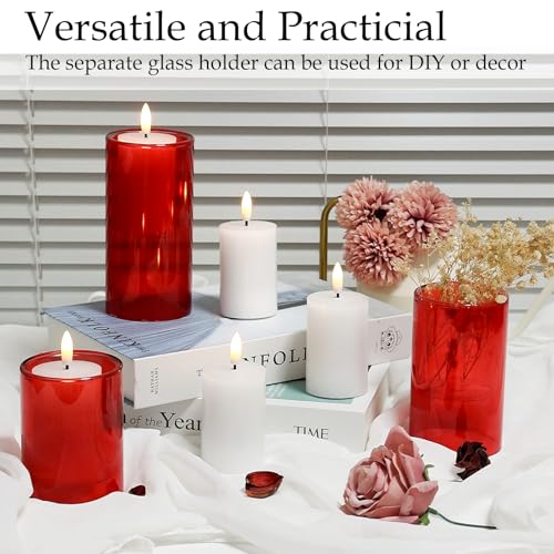 Red Glass Flameless Candles with Remote & Timer - 4x5x6 Inch Set of 3