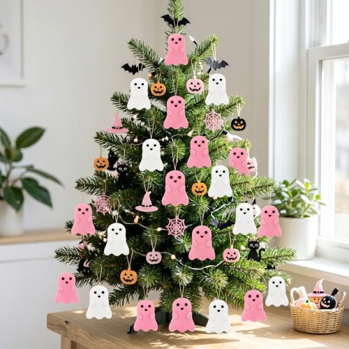 C Style 24 Pcs Halloween Ghost Hanging Ornaments for Tree & Decor - Pink & White