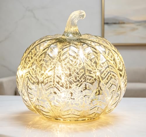 Mercury Glass Pumpkin Light with Timer - Silver Fairy Lights Halloween Fall Decor
