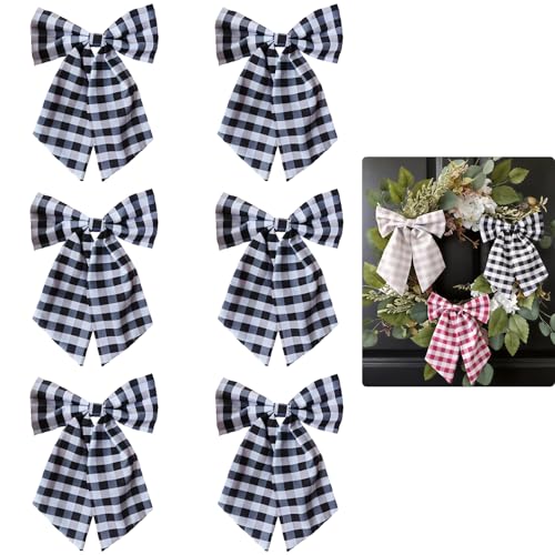 Black Buffalo Plaid Wreath Bows Set - 6 Pack 6x8 Inch Clip-On Rustic Holiday Decor
