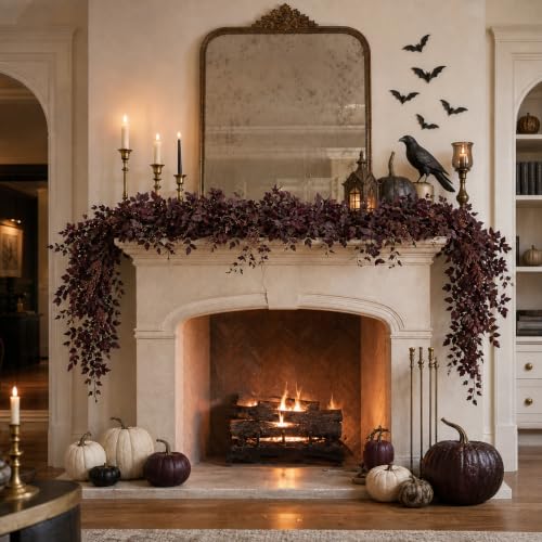 9Ft Purple Fall Garland for Mantle Indoor & Outdoor Decor - Realistic Leaves