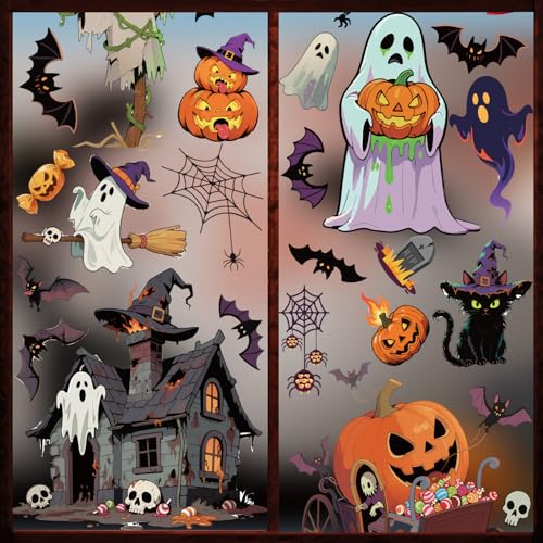 Halloween Window Clings Decals Set - 9 Sheets with Ghosts Pumpkins Bats