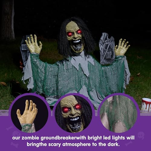 Halloween Outdoor Zombie Groundbreaker Decoration with Motion & Lights - Green & Gray, 39 Inches