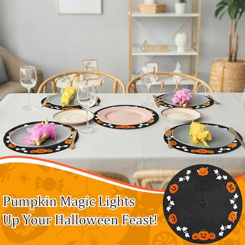 Halloween Round Placemats Set of 6 - Embroidered Pumpkin and Ghost Table Decor