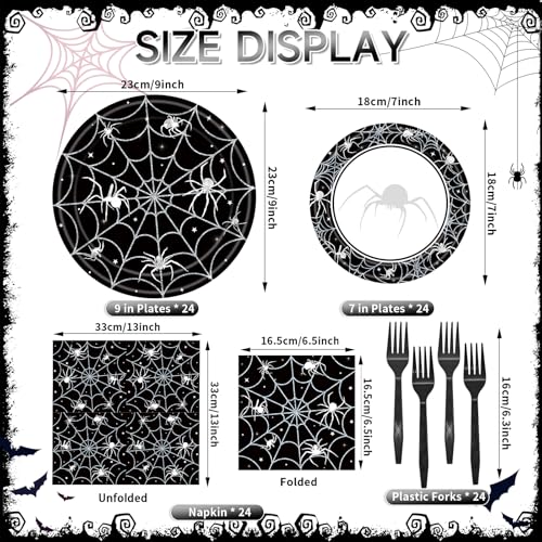Halloween Spider Web Disposable Dinnerware Set - Black, Serves 24, Party Supplies