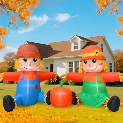 6FT Fall Thanksgiving Inflatable Scarecrow Couple with LEDs - Outdoor Decorations