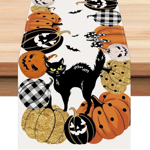 Halloween Pumpkin Table Runner 13x72 Inch Black Cat Bat Fall Decor for Dining Table