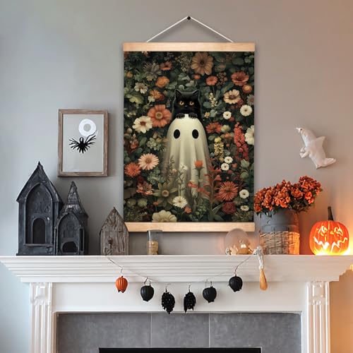 Ghost and Black Cat Gothic Wall Art Canvas - Colorful Halloween Decor, 18.5x14 Inch - Ghost01