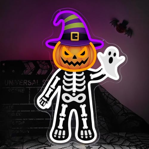 Pumpkin Skeleton Halloween Neon Sign - Ghost LED Wall Decor, Dimmable, USB Powered