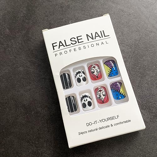 Halloween Short Press-On Nails with Witch Patch & Scary Face Design - Style14, 24pcs