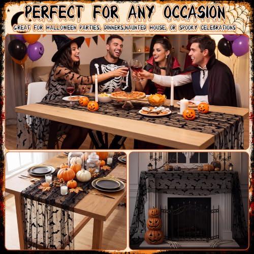 Bat Halloween Table Runner Set - Black Flocked Lace, 3 Pieces, 70x30 Inches