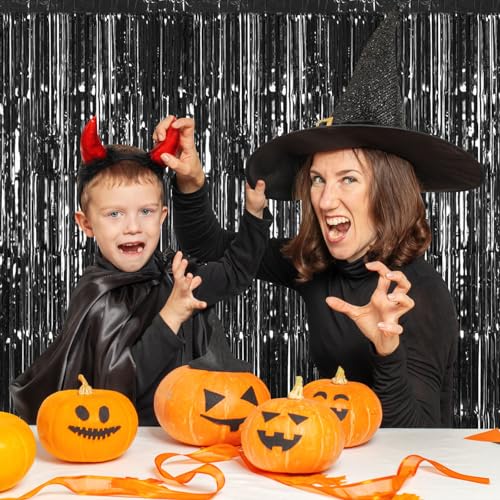 Black Foil Fringe Backdrop Curtains 12 Pack 3.28 x 9.84 ft for Party Decorations