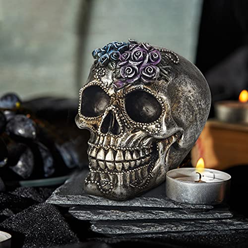 Small Silver Skull Statue with Roses & Beads - Halloween Day of The Dead Decor