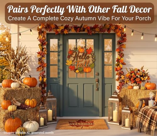 Wooden Hello Fall Door Sign - Rustic Autumn Wreath Wall Hanging - Single-Sided