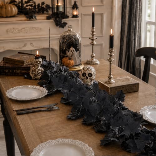 Black Maple Leaves Halloween Garland 2 Pack - Spooky Decor for Indoors & Outdoors - 12 Ft Total with Hooks