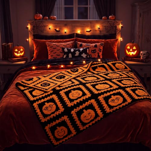 Halloween Pumpkin Face Reversible Knit Throw Blanket - Black and Orange