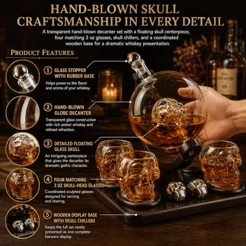Skull Skeleton Whiskey Decanter Set with 4 Shot Glasses & Chillers - Gothic Barware Gift