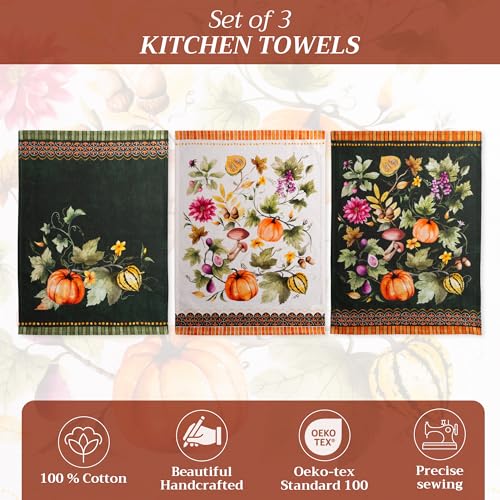 Pumpkin Garden Dark Green Kitchen Towel Set of 3 - Fall Thanksgiving Decor