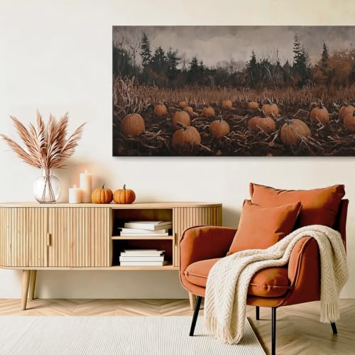 Large Fall Pumpkin Patch Canvas Wall Art - Framed 40x20 Inches - Orange Pumpkin Field