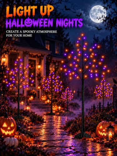 Halloween Tree with Purple and Orange Lights - 3 Pack 4/5/6FT LED Spooky Decor