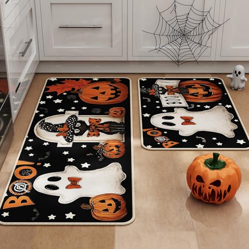 Halloween Kitchen Mat Set of 2 - Black Pumpkin Ghost, 17x29 & 17x47 Inches