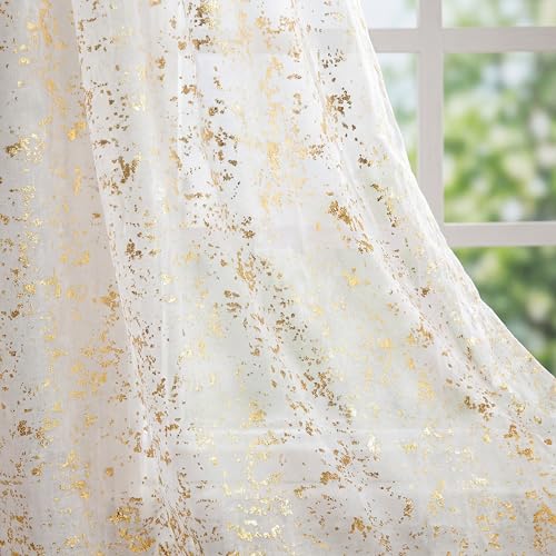 White Tier Curtains 52x36 Inch Pack of 2 - Gold Sequin Window Drapes