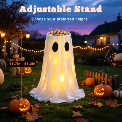 Halloween Ghost Candy Bowl with LED Lights & Remote - Outdoor Lighted Ghost Decor, 8 Modes, Timer, A-Ghost Variation
