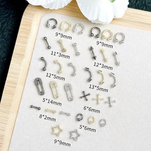 Gray 80 Pcs Piercing Nail Charms Set - 3D Gold Silver Alloy Goth Punk Nail Art