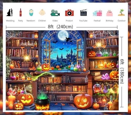 Halloween Magic Photography Backdrop 8x6 ft Witch Scene Window Bookshelf Banner - Folded