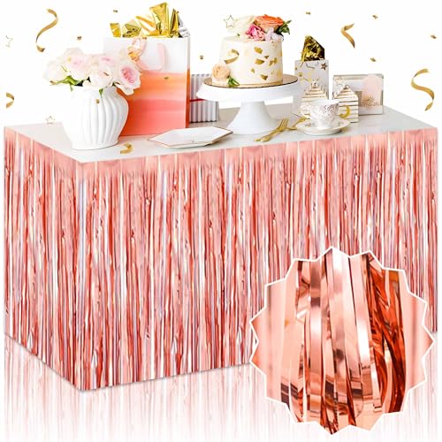 Rose Gold Foil Fringe Table Skirts Set of 3 - Metallic Tinsel Streamers for Party Decor