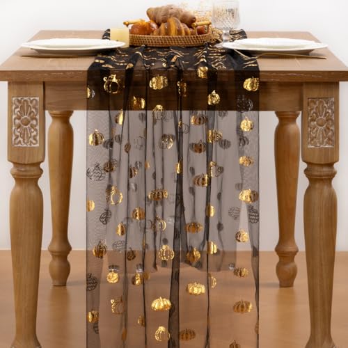 MLMC Fall Pumpkin Table Runner Black Sheer Gauze Foil 6PC - Elegant Holiday Decor