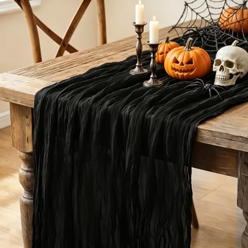 Black Halloween Table Runner 10ft Cheesecloth Boho Party Decor - 6 Pieces