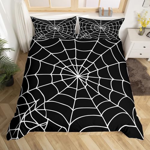 Spider Web Bedding Set Queen Size Halloween Duvet Cover & Pillowcase 3Pcs - Black White