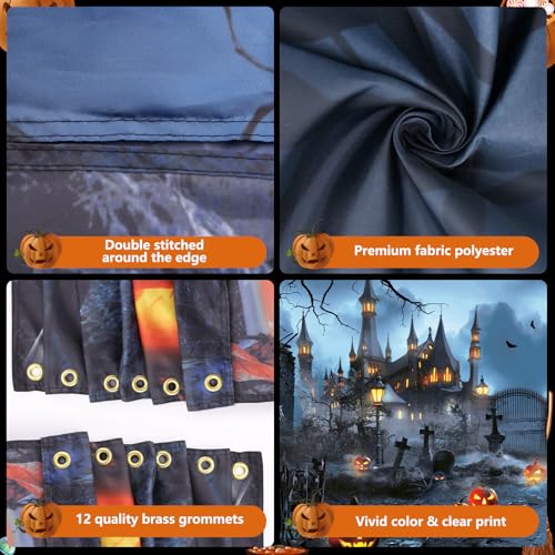 Grey Halloween Garage Door Cover 6x16Ft Haunted House Pumpkin Design - Indoor Outdoor Decor
